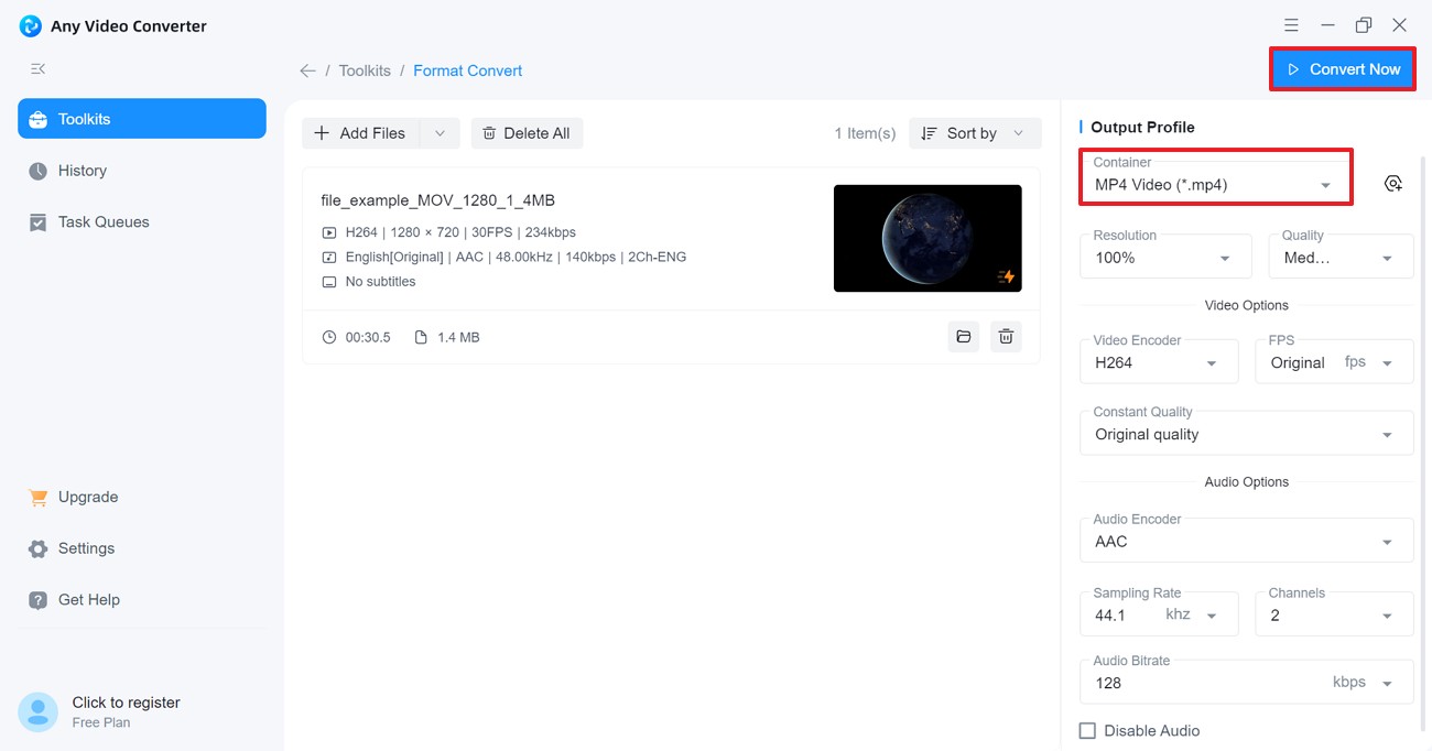 Selecione MP4 e converta agora AVC