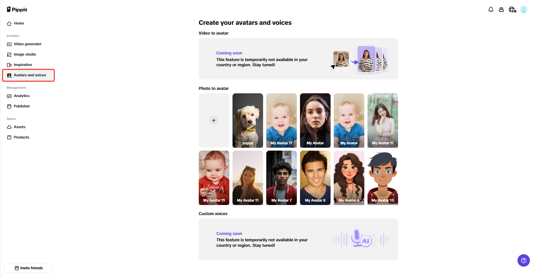 Pippit avatars and voices