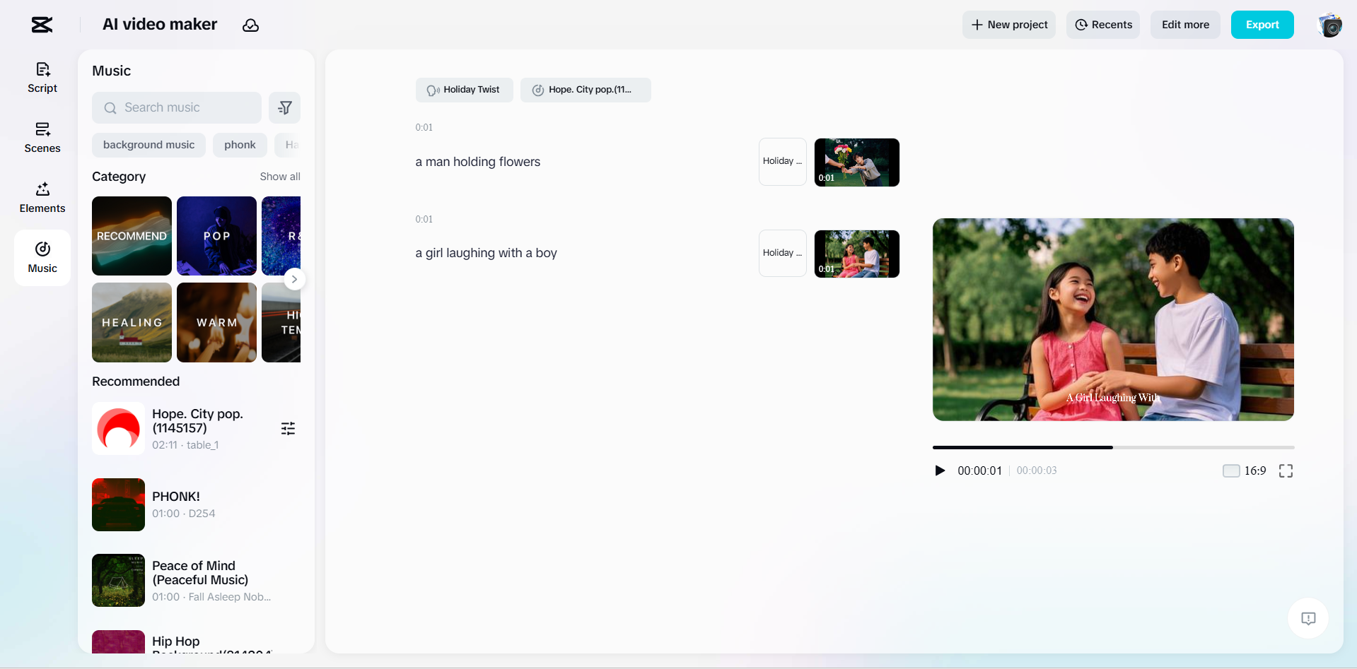 Interface of CapCut's AI video maker