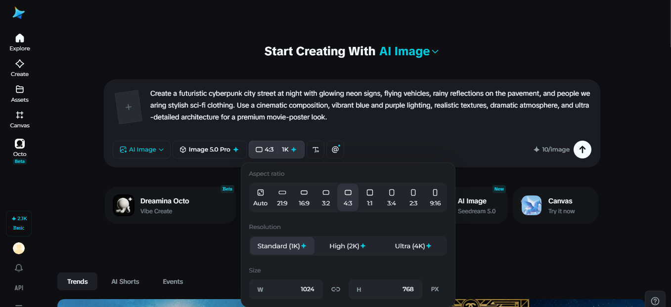 Select the image model and adjust settings