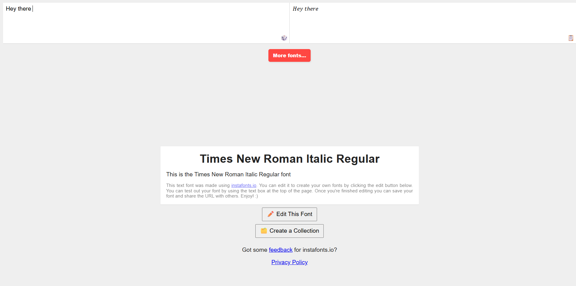 Interface of InstaFonts - the perfect Times New Roman font generator