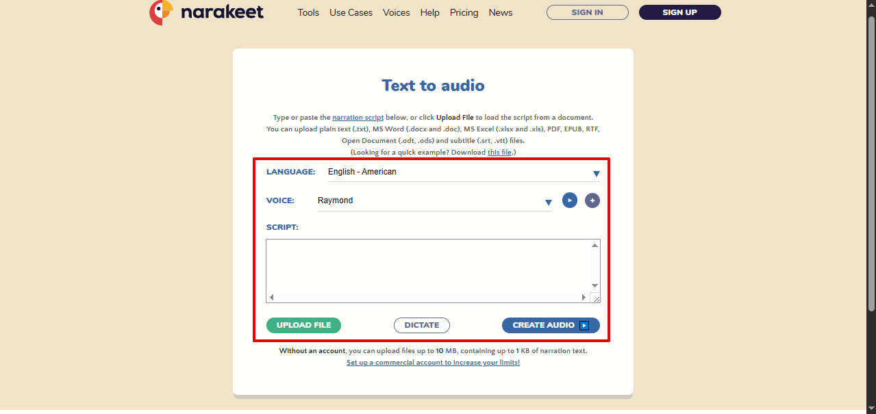 Ferramentas de texto para fala do Narakeet