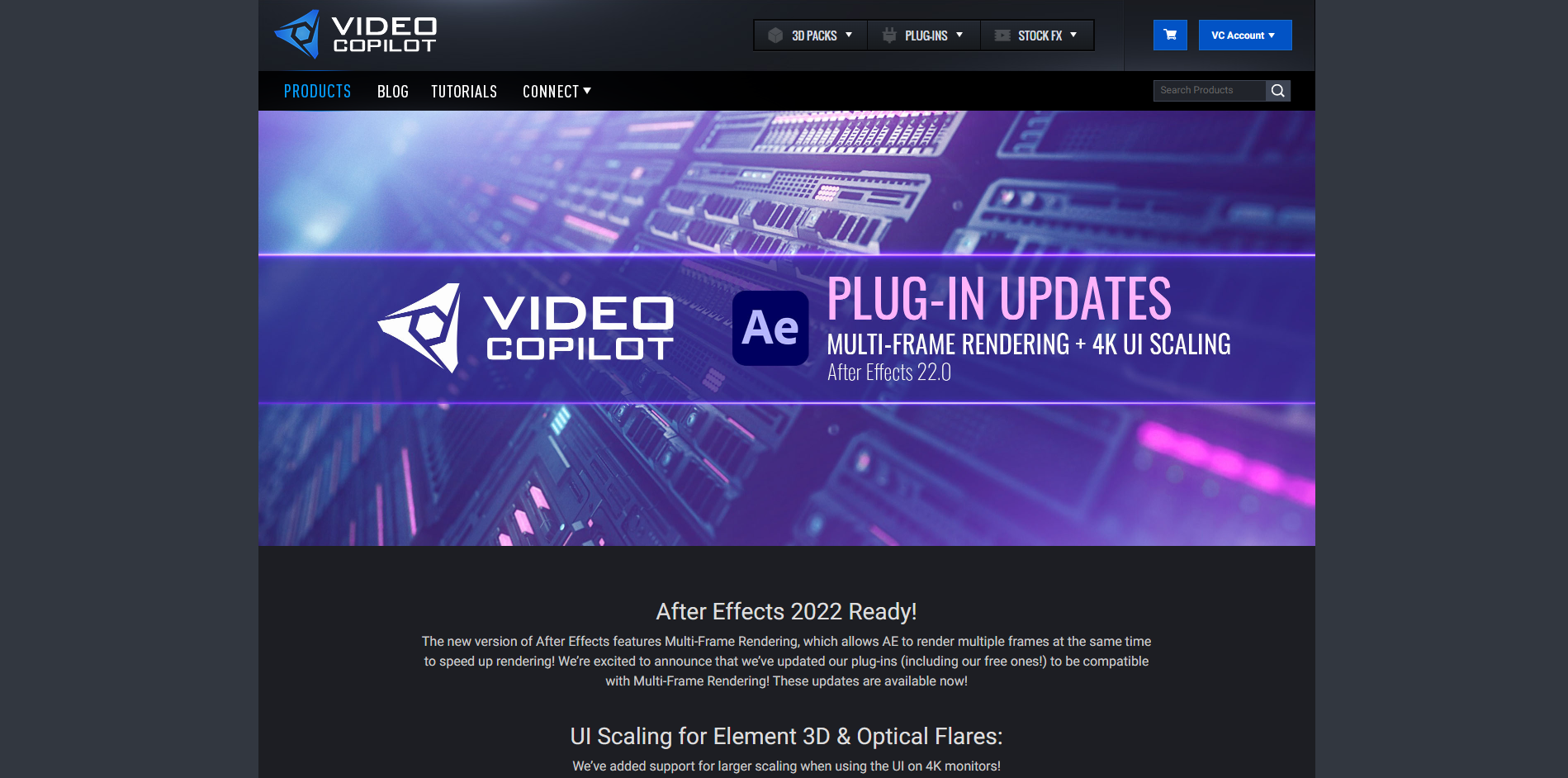 Interface of Video Copilot - a valuable resource for free AE plugins