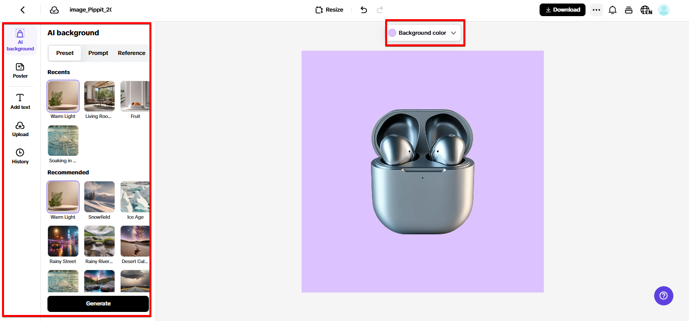 Criando foto do produto no Pippit