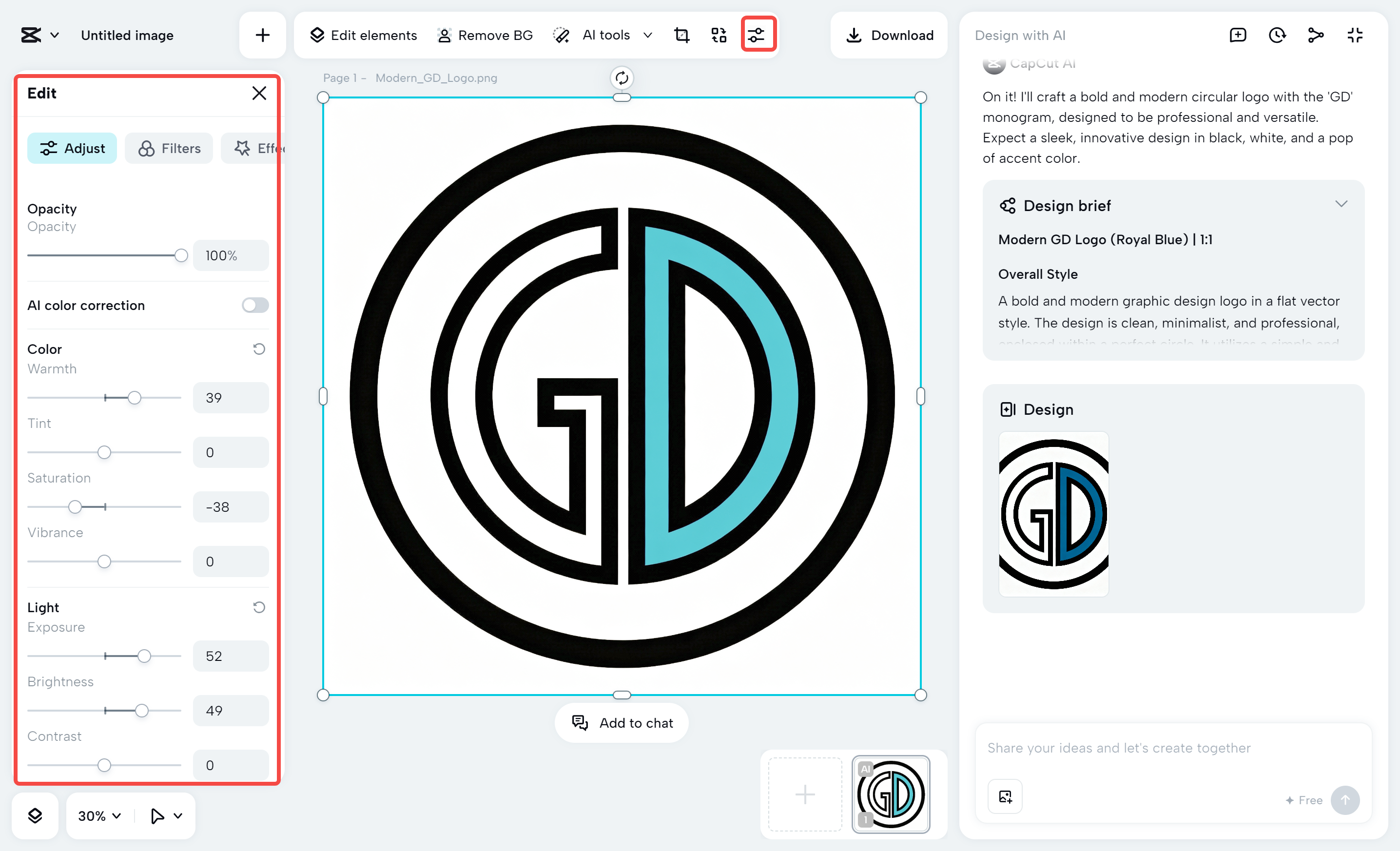 Editing the graphic logo on the CapCut desktop video editor