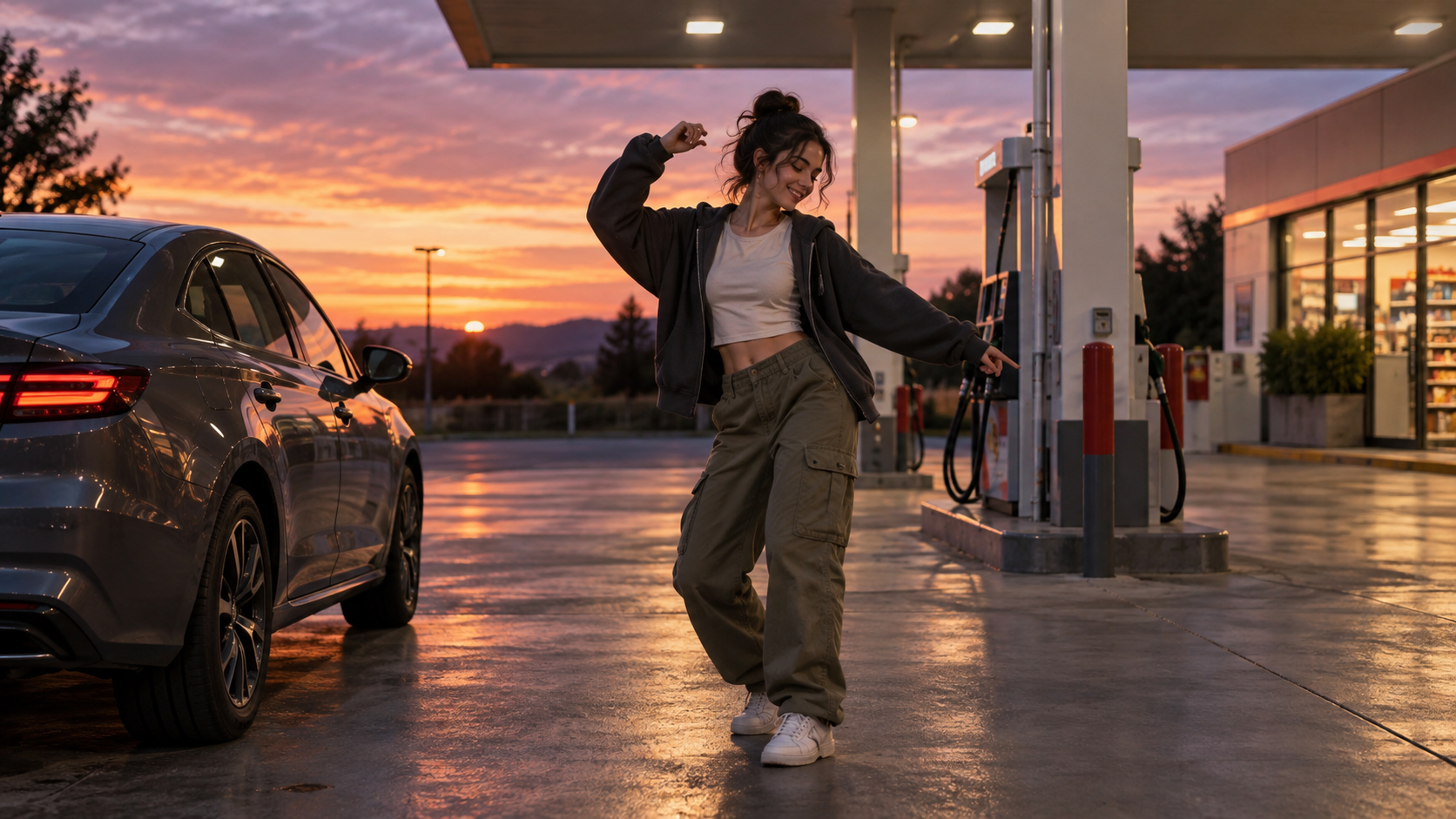 A smooth arrival-to-dance transition example for how to do gas station dance ai trend