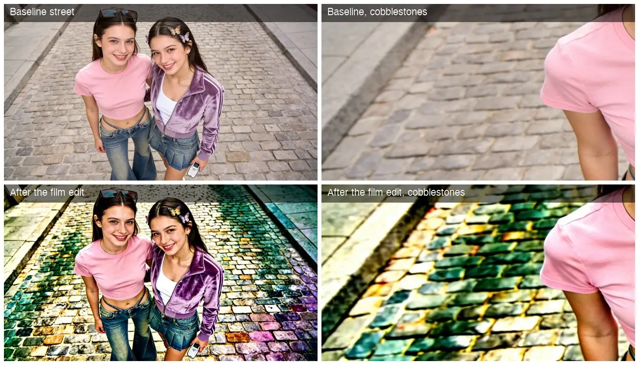 Two smiling girls stand on a cobblestone street before and after a vivid film-style edit.