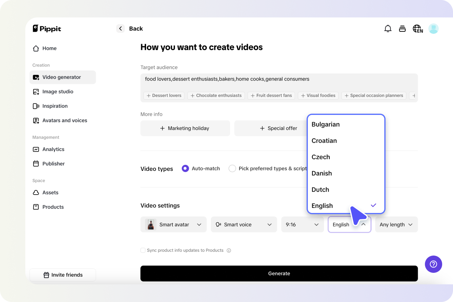 Adjust settings and generate the video 