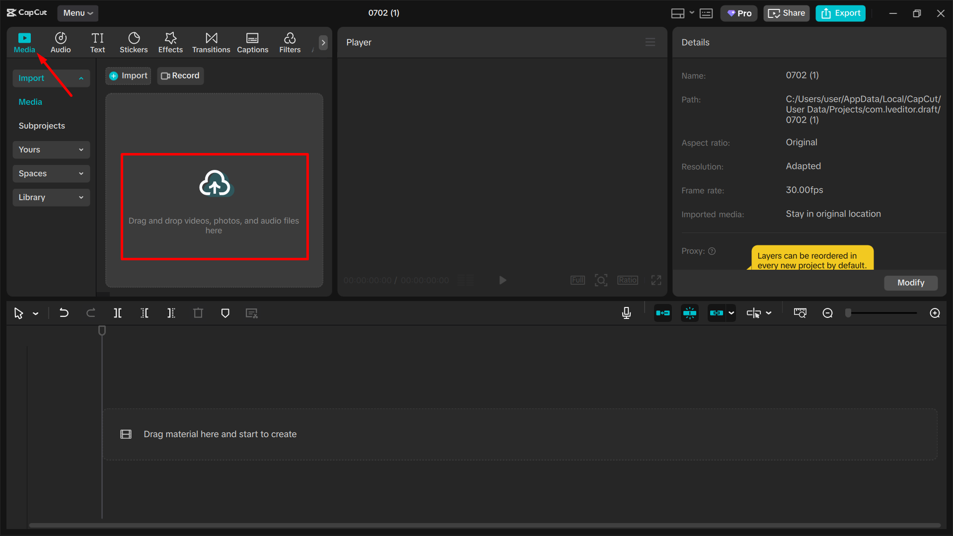 Importing video in the CapCut desktop video editor