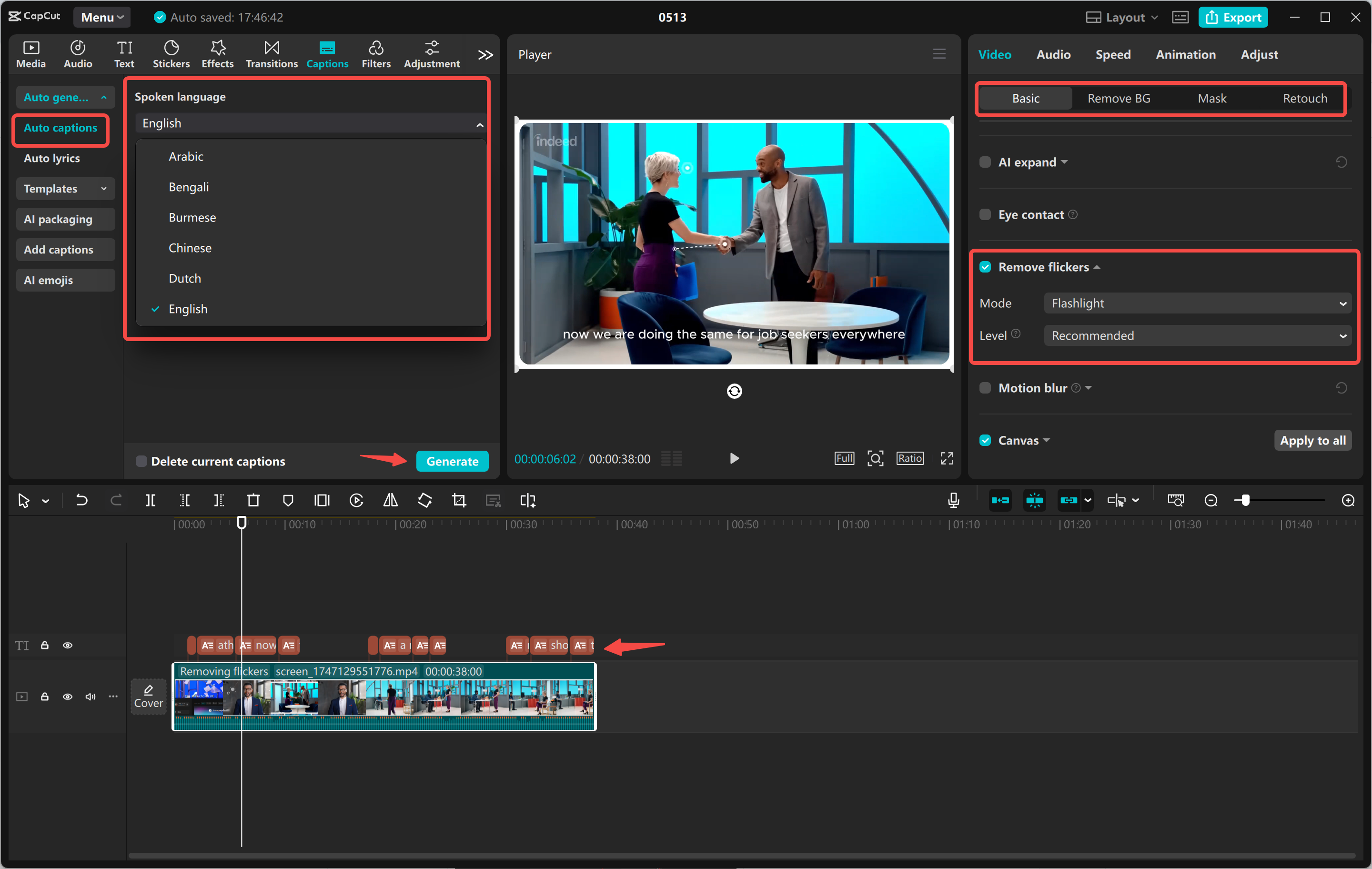 Generating captions for the video using the CapCut desktop video editor