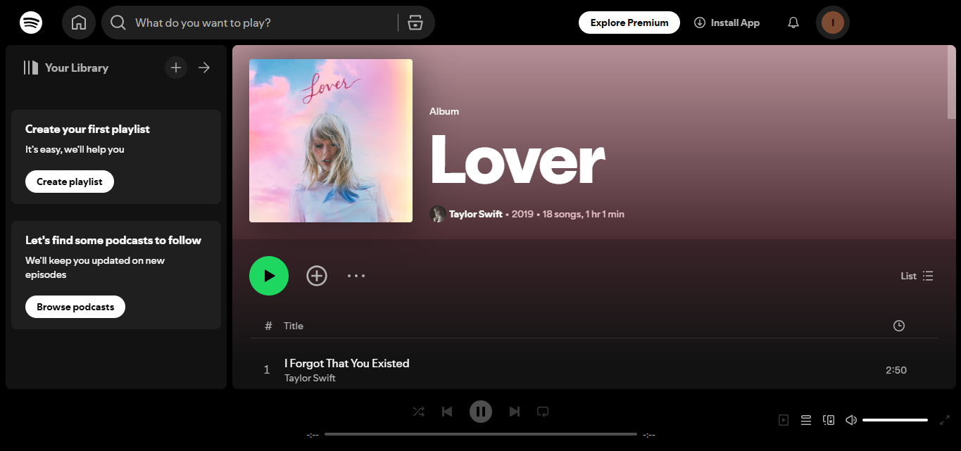 Lover by Taylor Swift - listed among the most album streams on Spotify