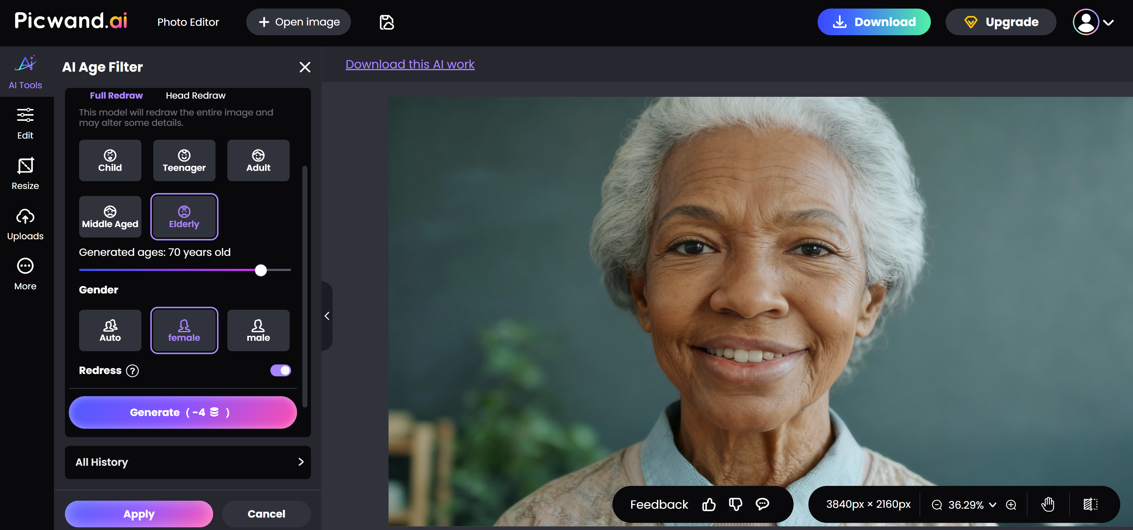 Herramienta gratuita de envejecimiento facial de Picwand