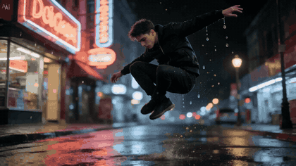 Man frozen midair in a crouch above a wet city street at night