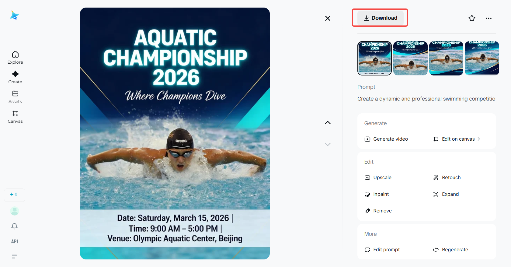 Downloading the swim poster in Dreamina
