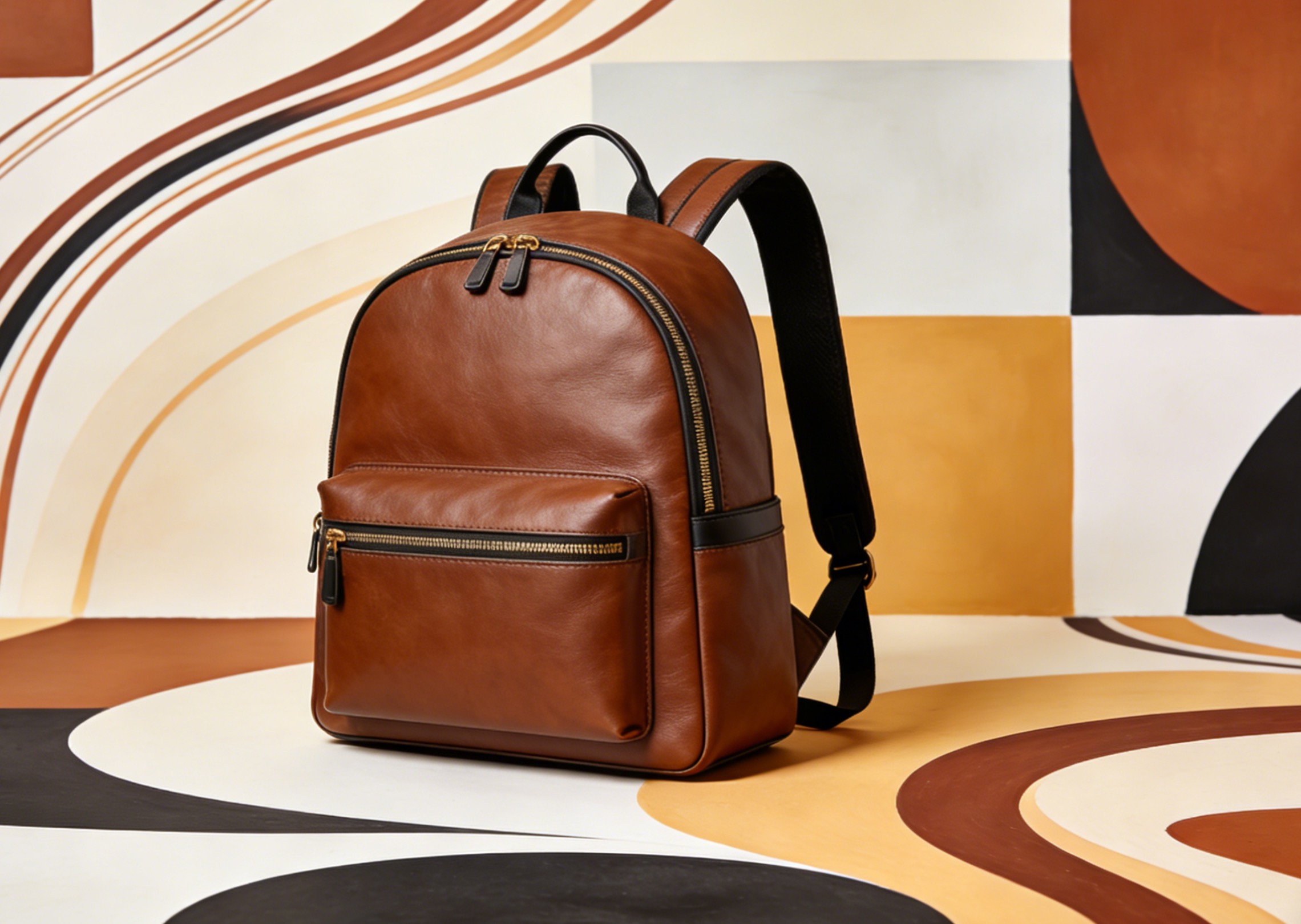 Kombinieren Sie den stylischen Rucksack aus dem mitgelieferten Bild mit einem abstrakten künstlerischen Hintergrund