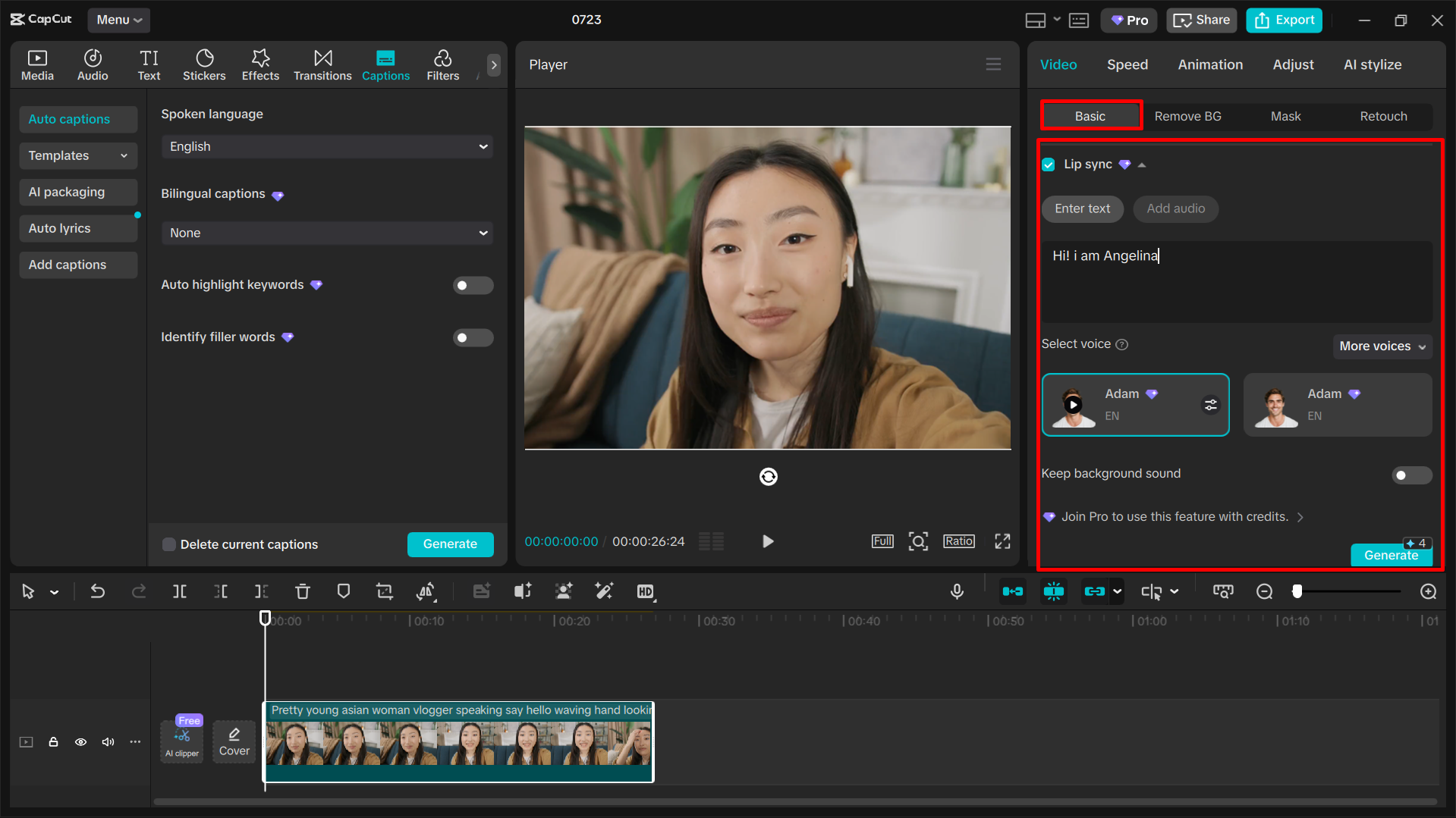 Usando o recurso de sincronização labial de vídeo no editor de vídeo para desktop CapCut