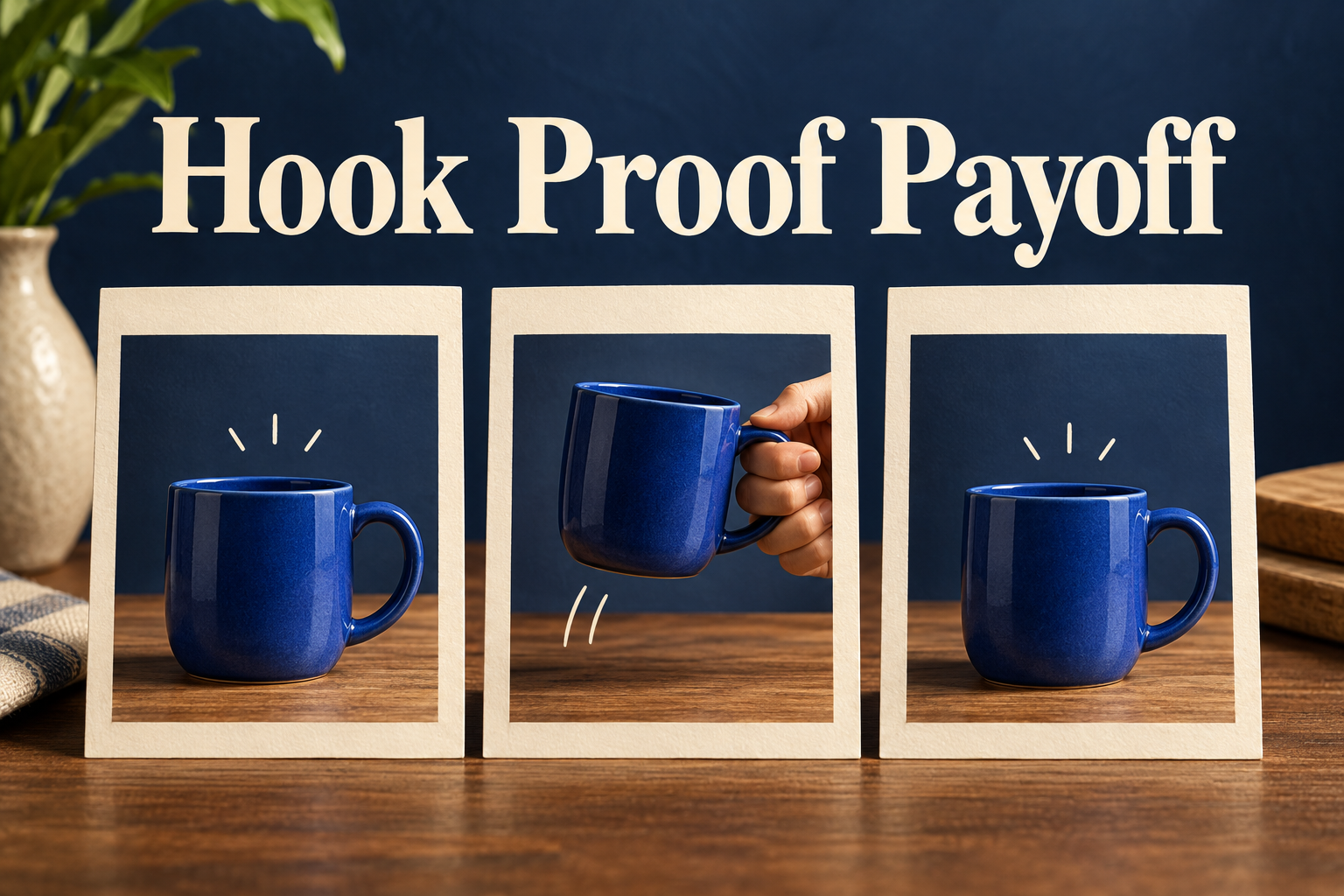 Hook Proof Payoff cards showing one unbranded blue mug at rest in motion and at rest again