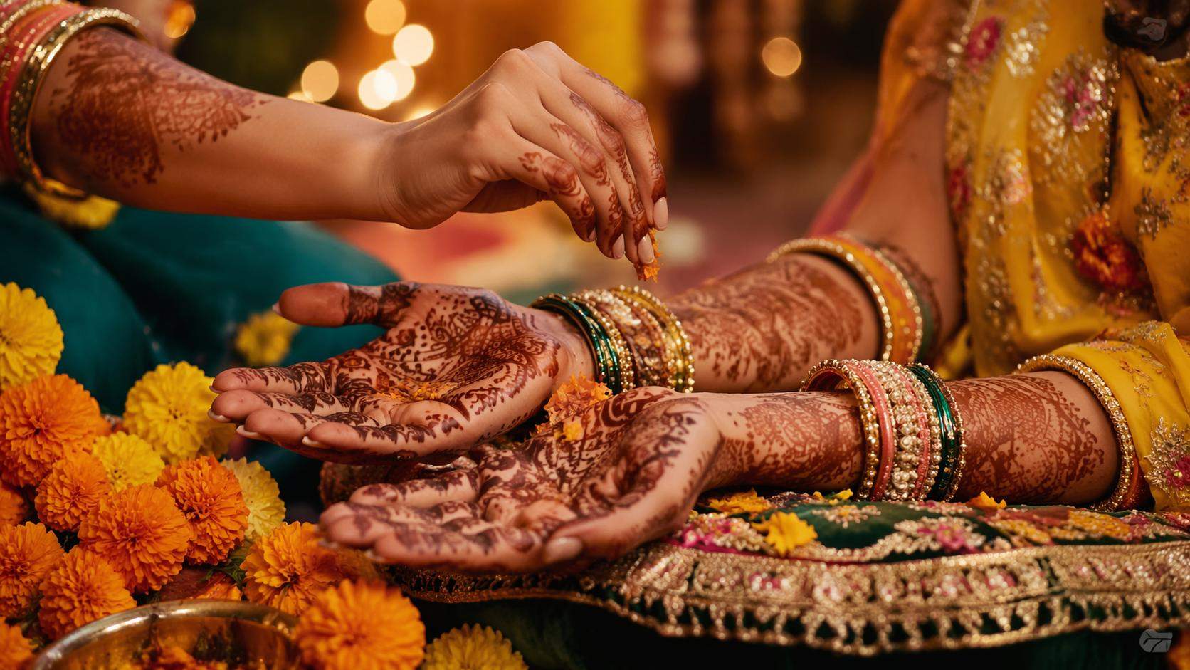 Dreamina indian wedding prompts prompt card 3: Mehndi ceremony moment
