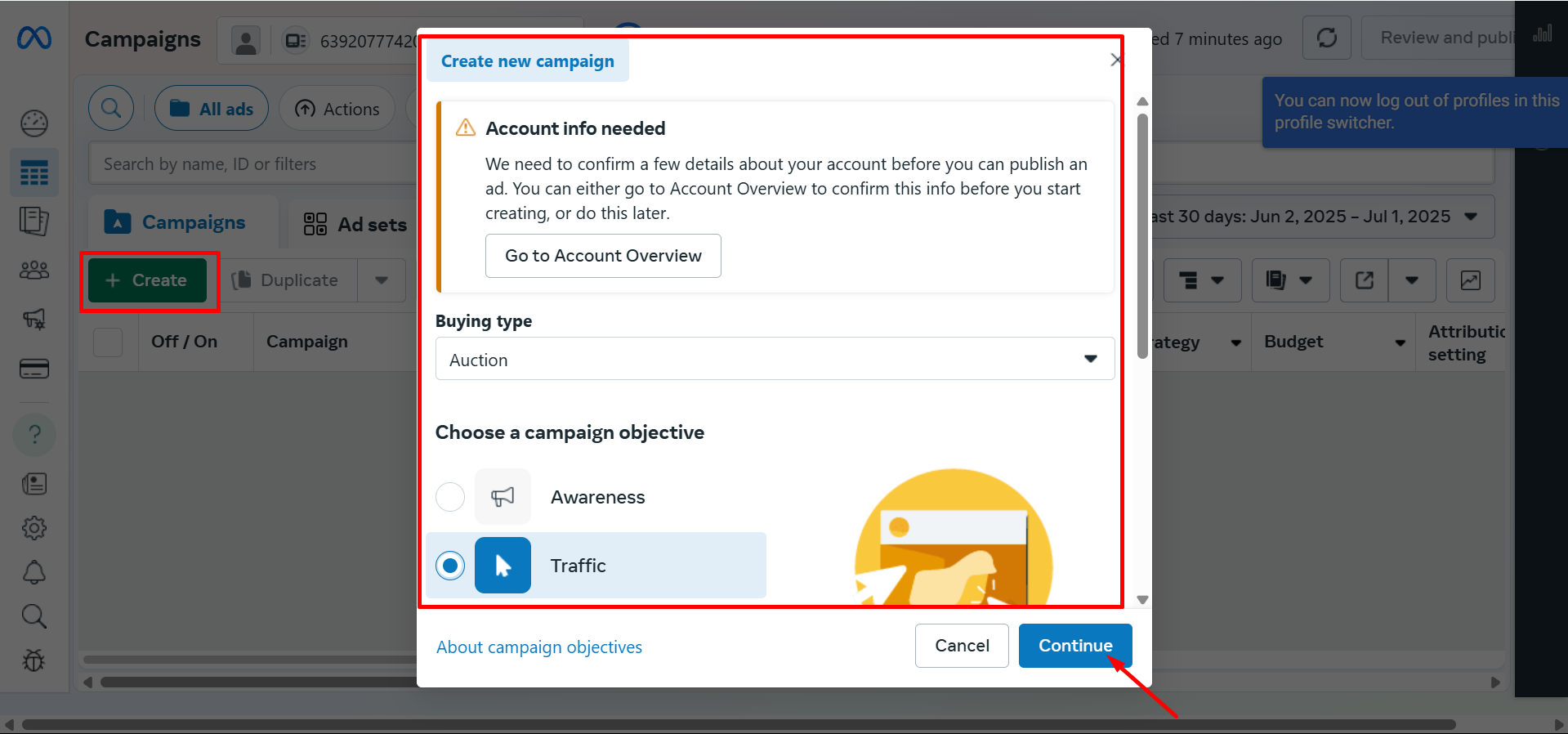 Kampanjan tavoitteen valitseminen Facebook-mainoksen tekemisen opettelua varten