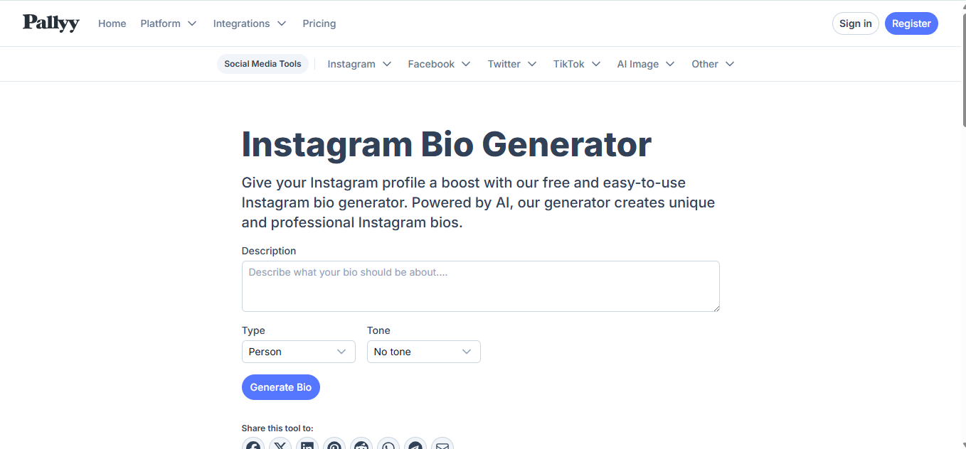Pally - a user-friendly Instagram cute bios generator