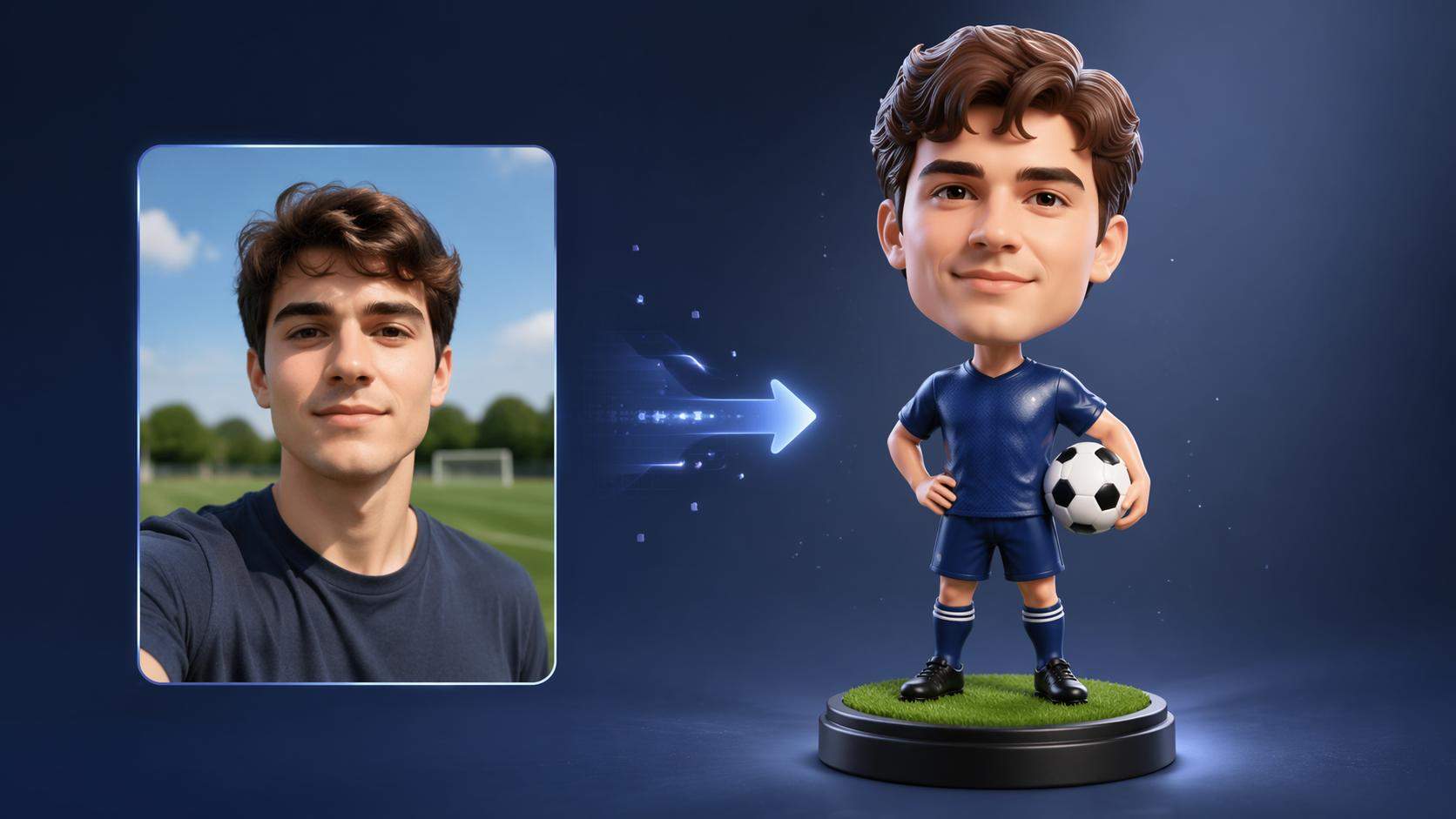 Photo-to-bobblehead transformation visual for Dreamina