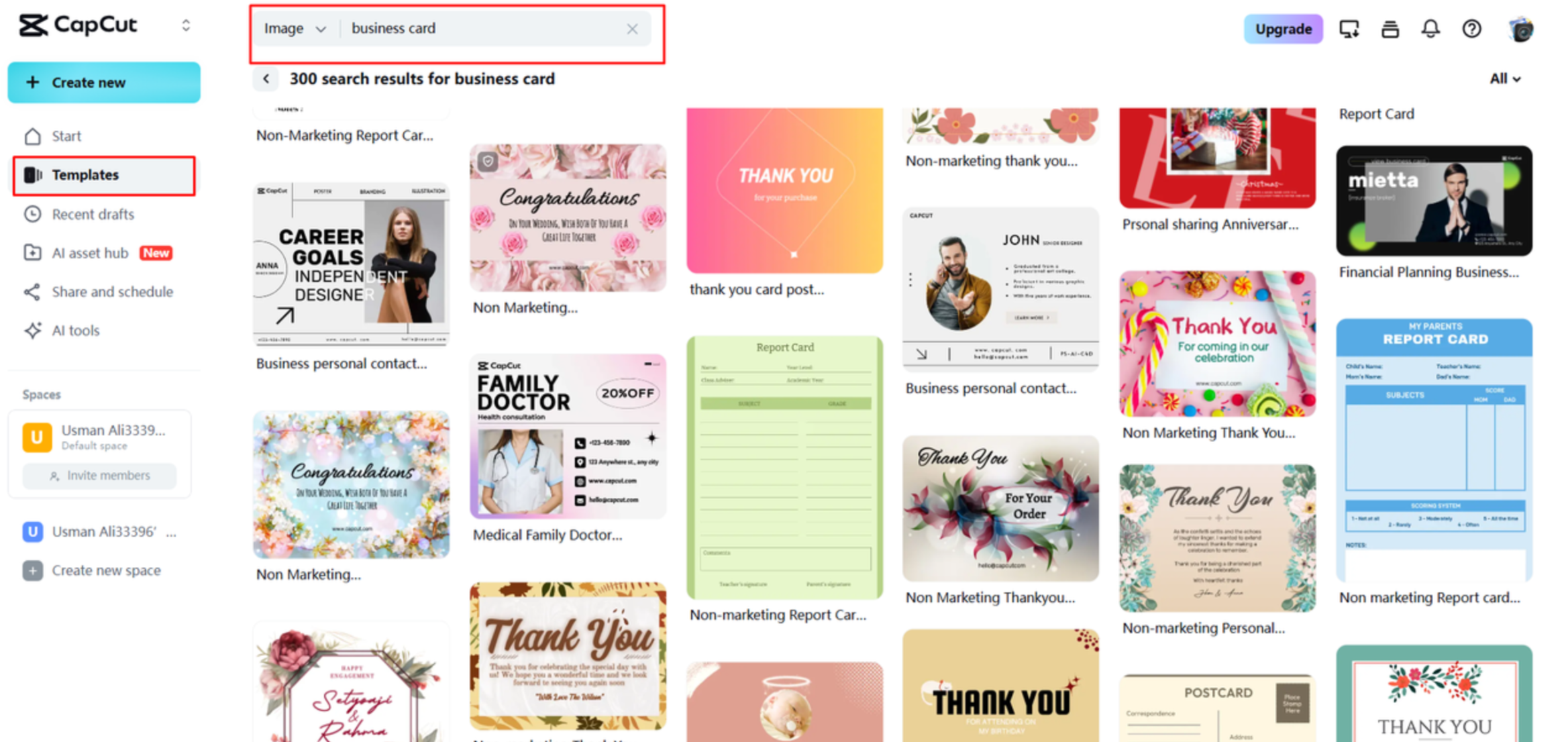 Choosing a business card template in CapCut Web