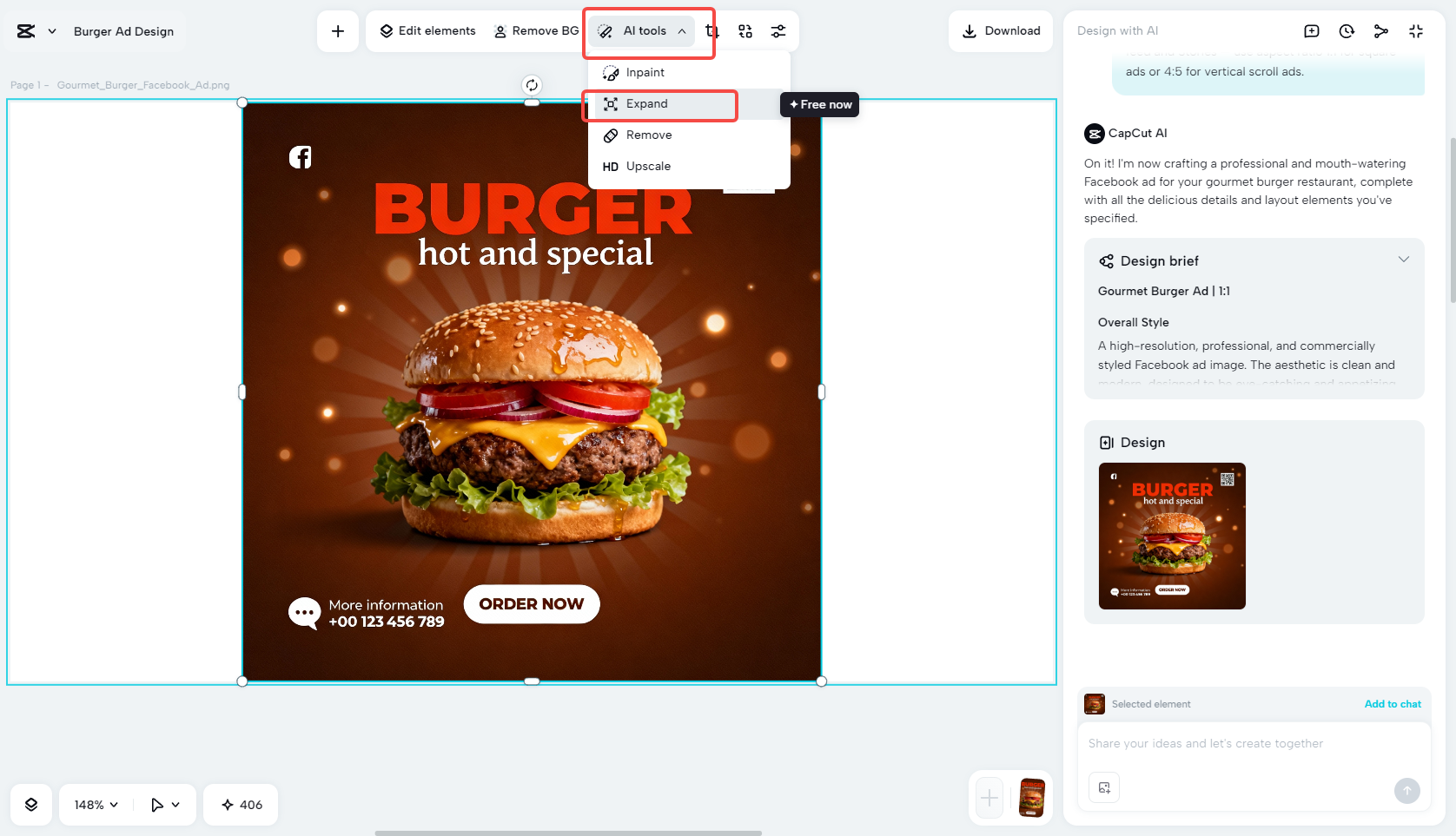 Editing and enhancing the AI-generated Facebook ad in CapCut