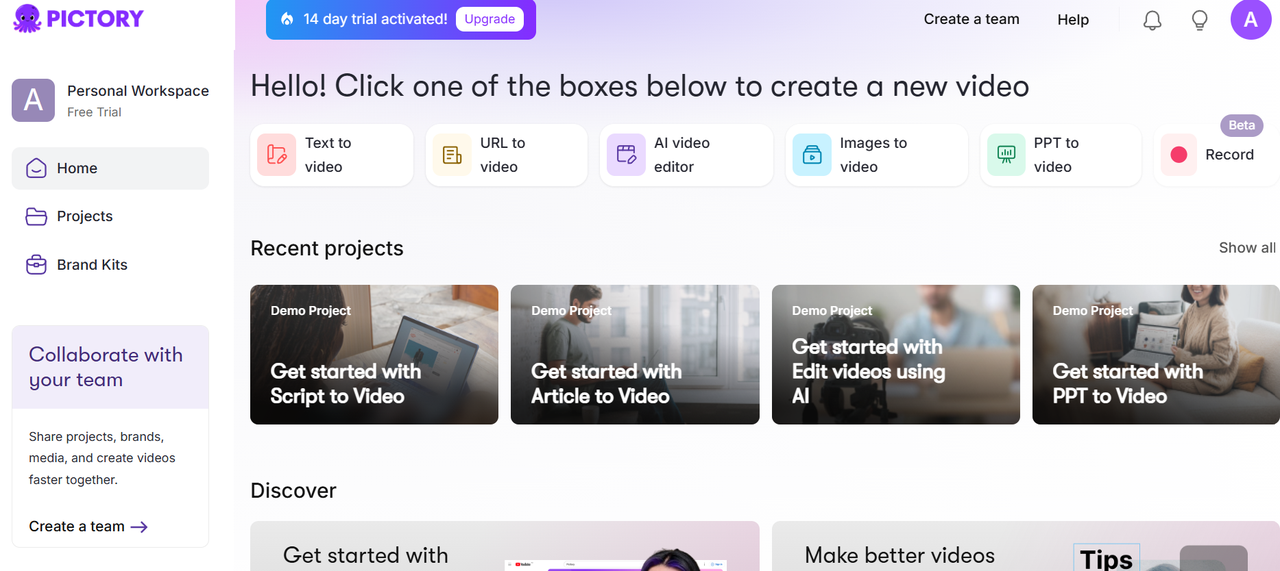 Pictory video creation interface