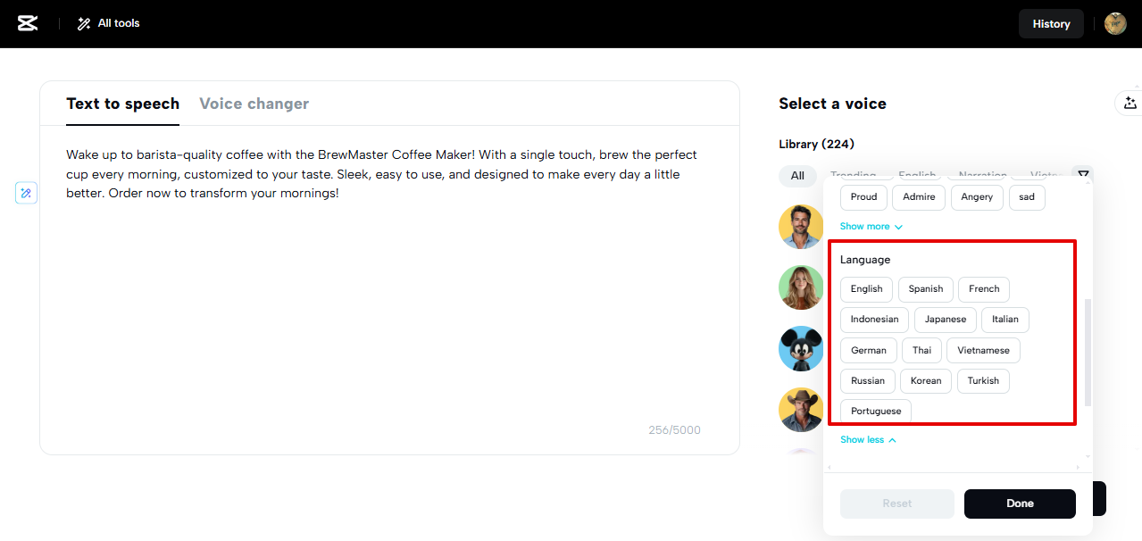Multi-lingual na suporta sa CapCut Web TTS tool