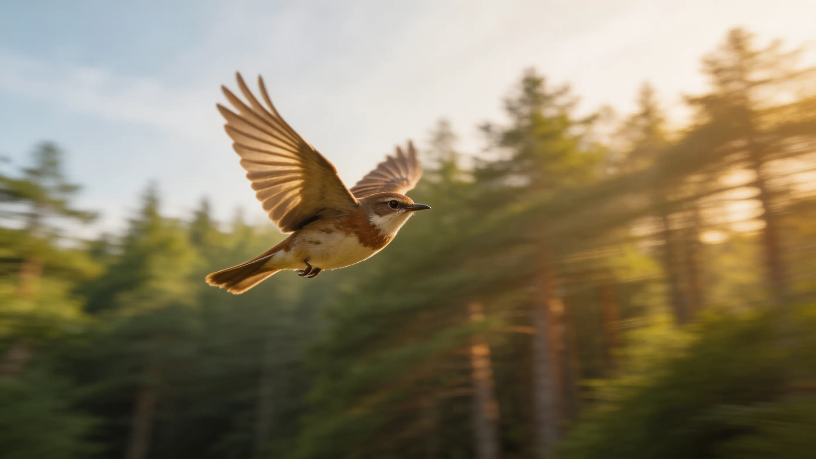 Burung yang terbang di atas hutan kabur