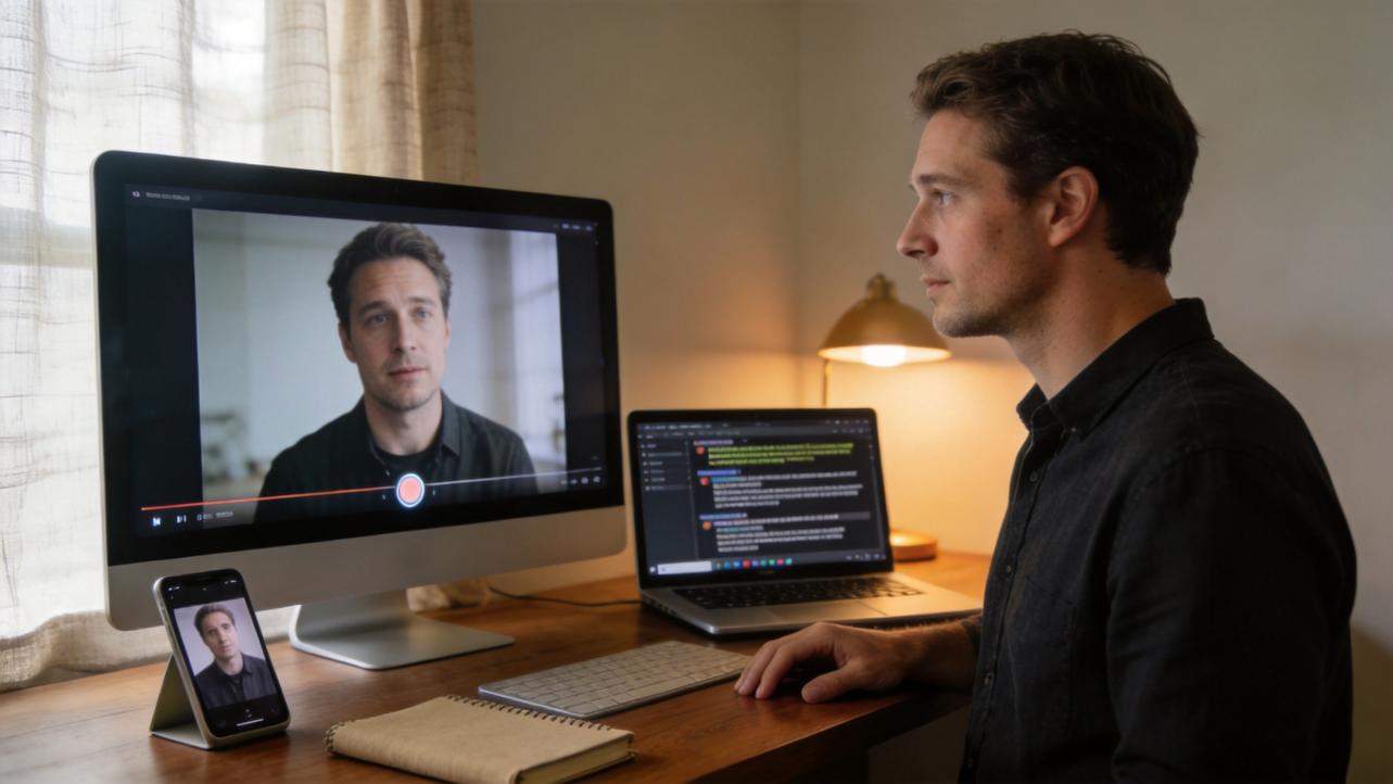 Man watching his video on a desktop monitor with a laptop and smartphone on a desk