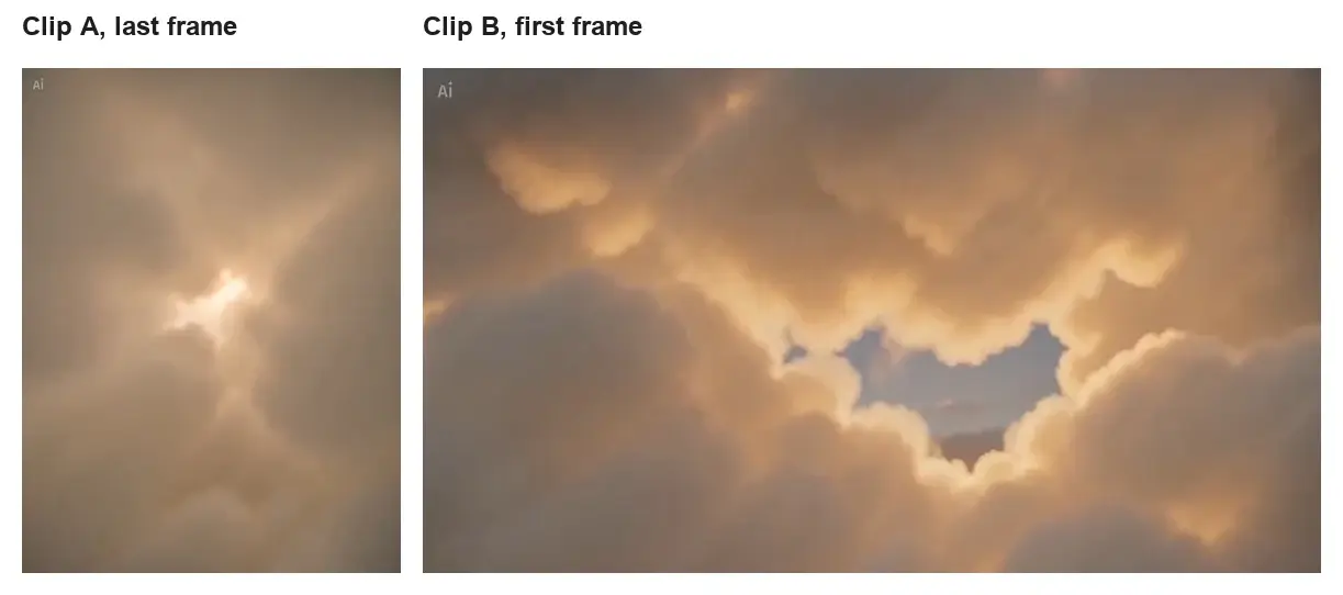 Two cloud scenes with a glowing opening in the clouds and a golden sky.