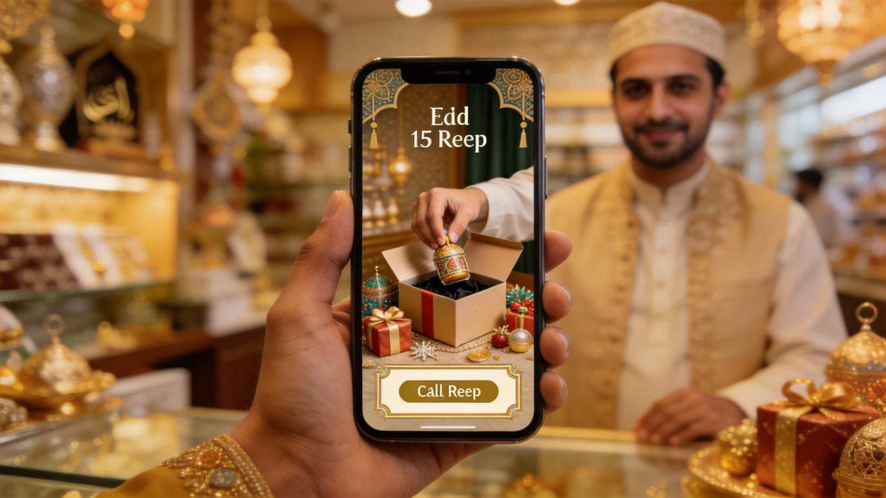 Hand holding phone showing an Eid gift ad in a shop with a man in traditional dress behind it