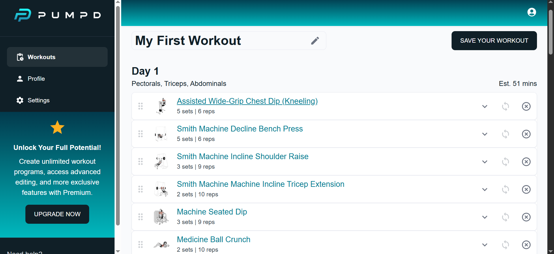 Pumpd workout planner interface