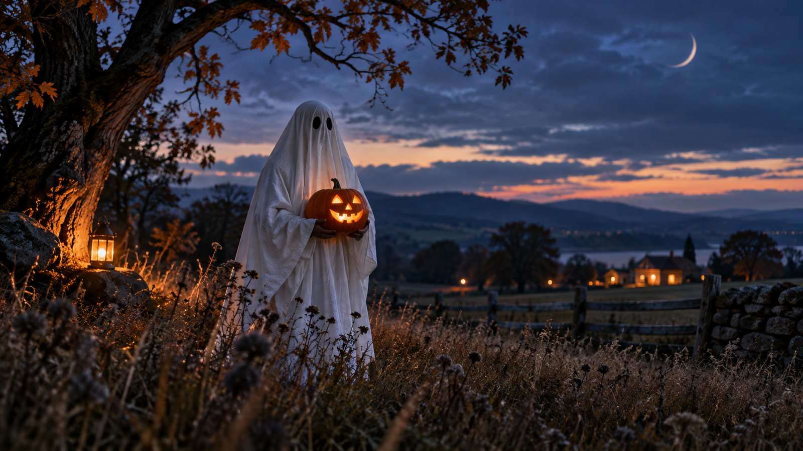 Playful ghost portrait: Person in a classic white sheet ghost costume holding a pumpkin in a blue-hour field, whimsical editorial photograph