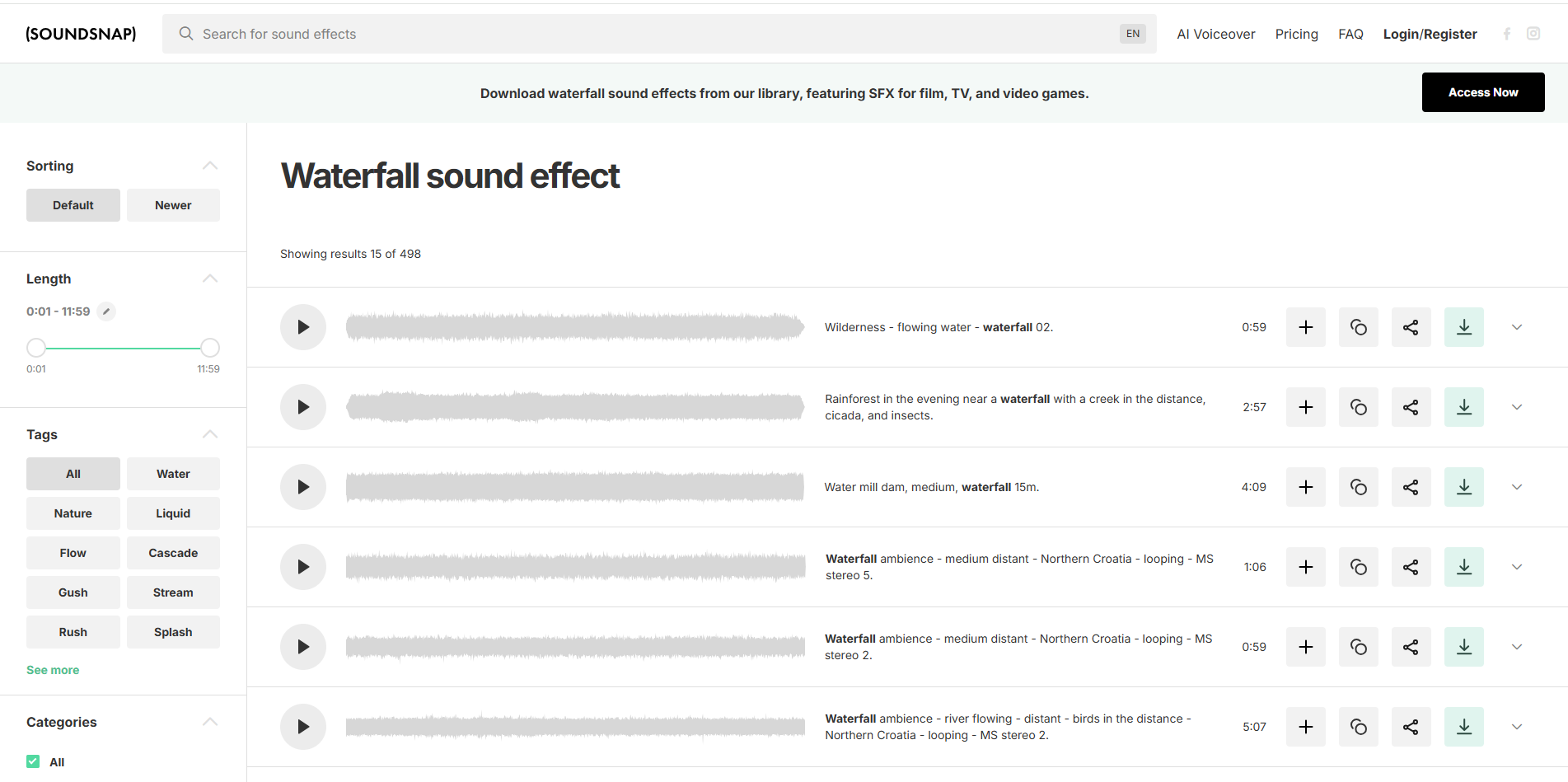 Interface of Soundsnap - the perfect place to get waterfall sound effects