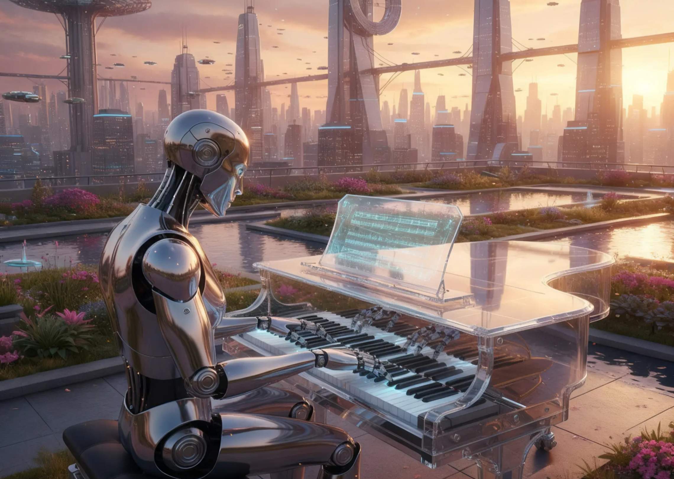 En futuristisk humanoidrobot som spelar piano