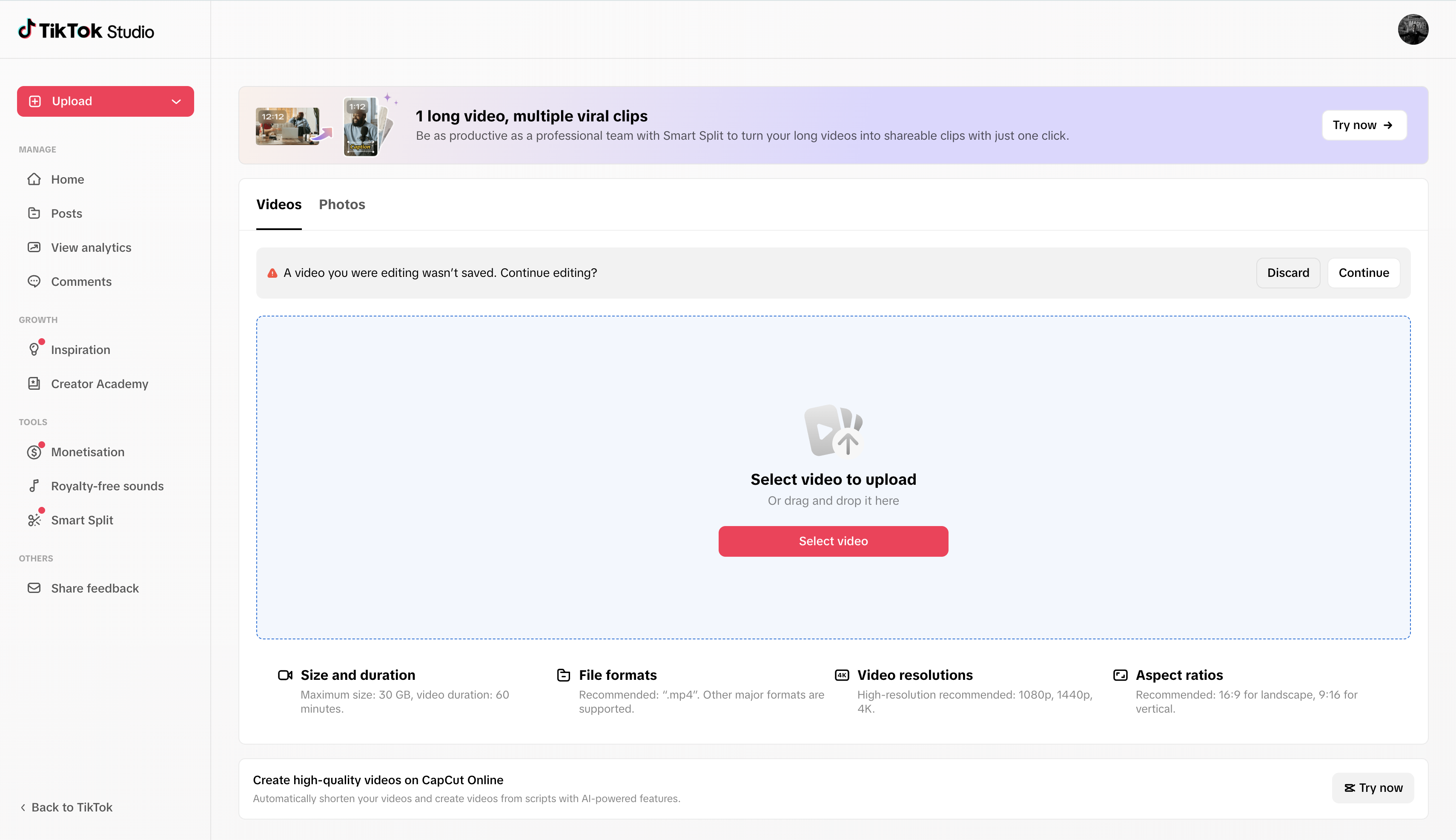 Upload video to TikTok studio