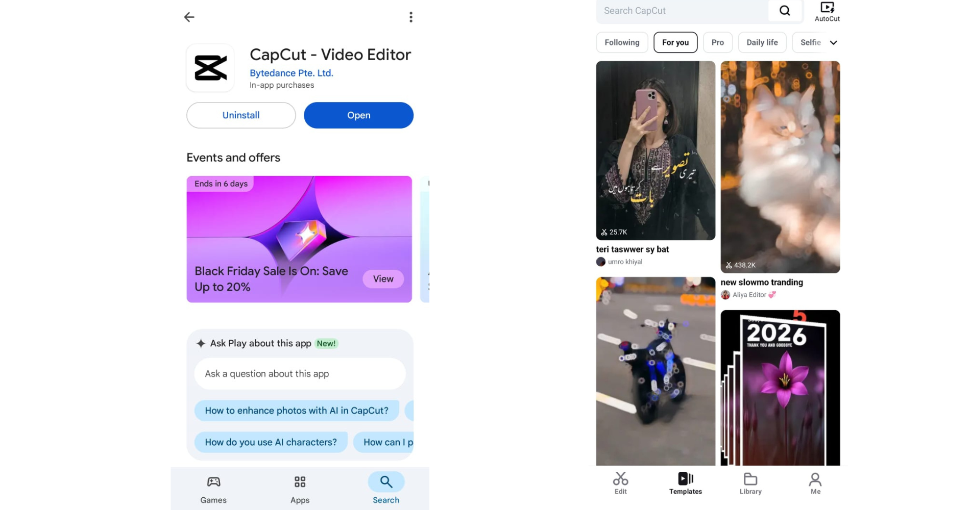 Image of installing or opening the CapCut app on a mobile device