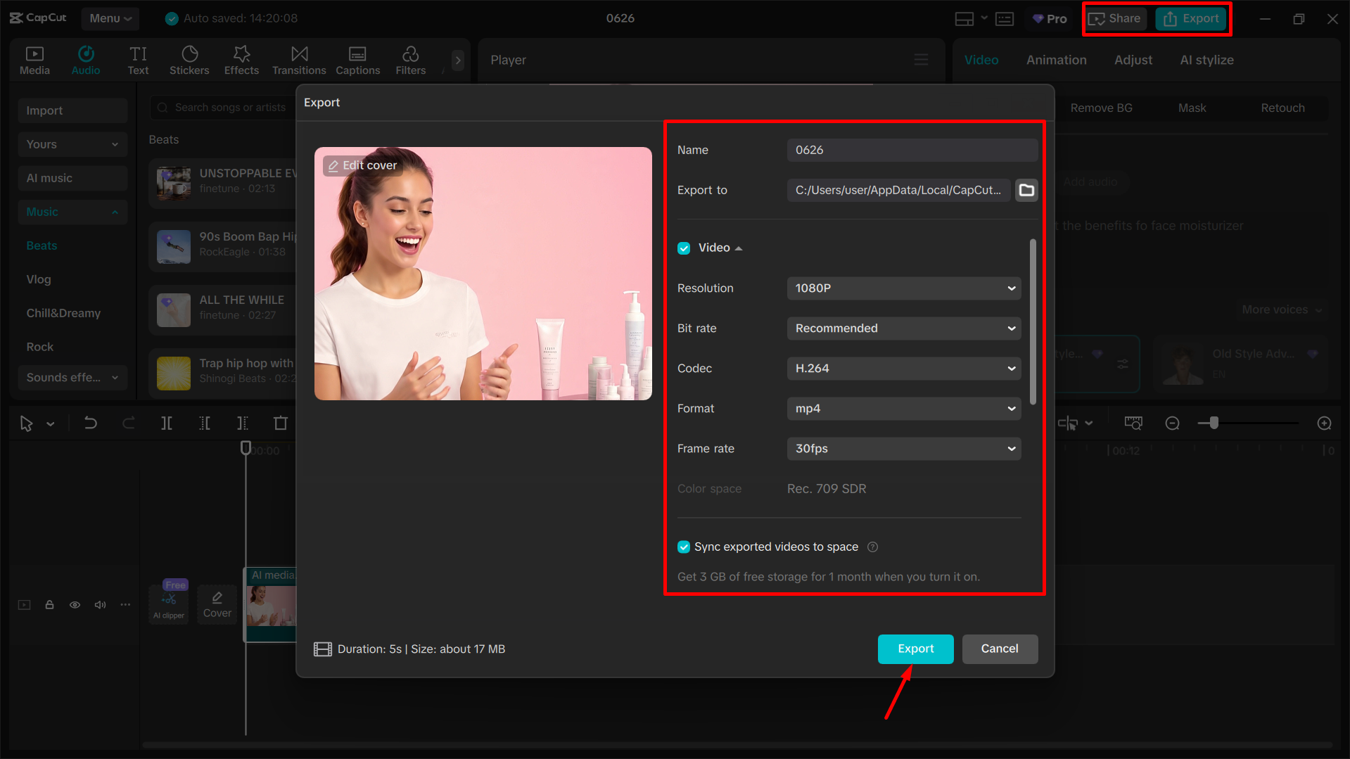 Export videa AI z editoru videa pro stolní počítače CapCut
