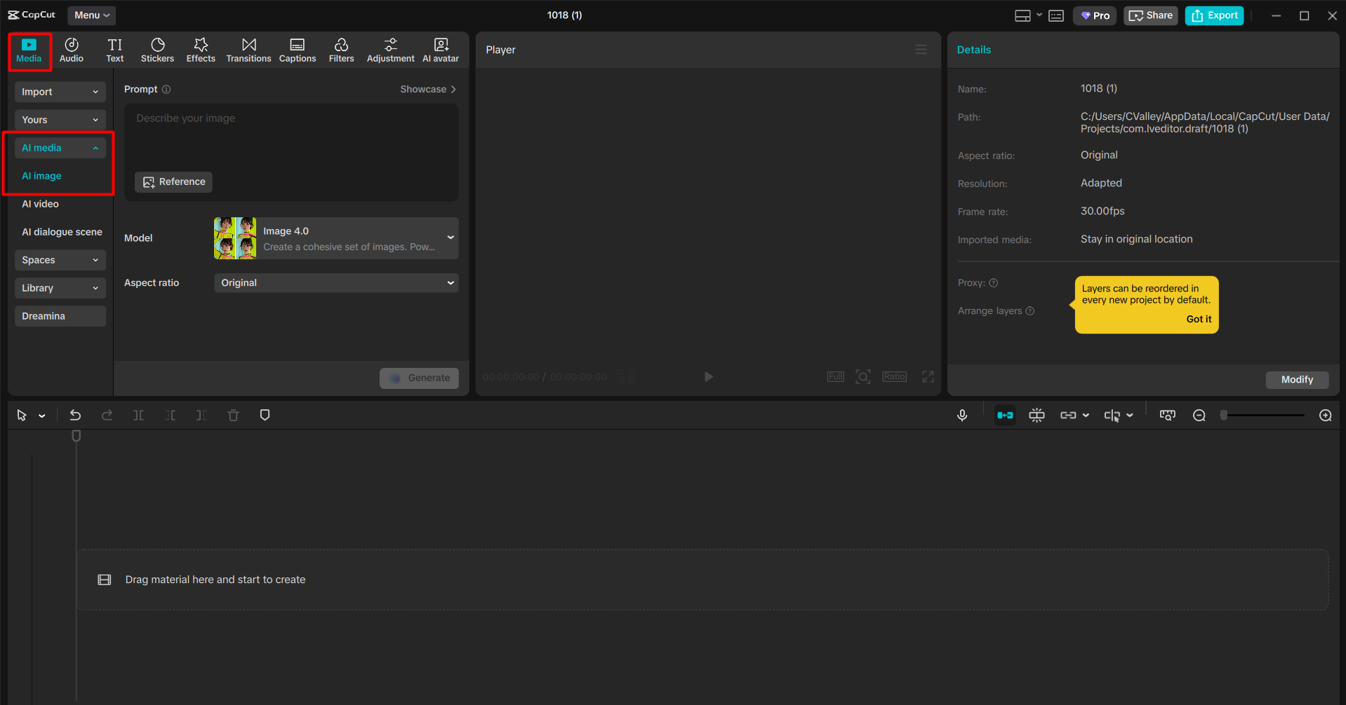 Accessing the AI image tool in the CapCut desktop video editor