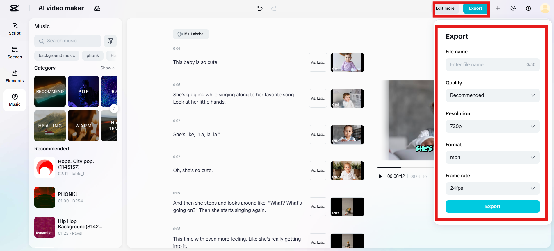 Export the final video
