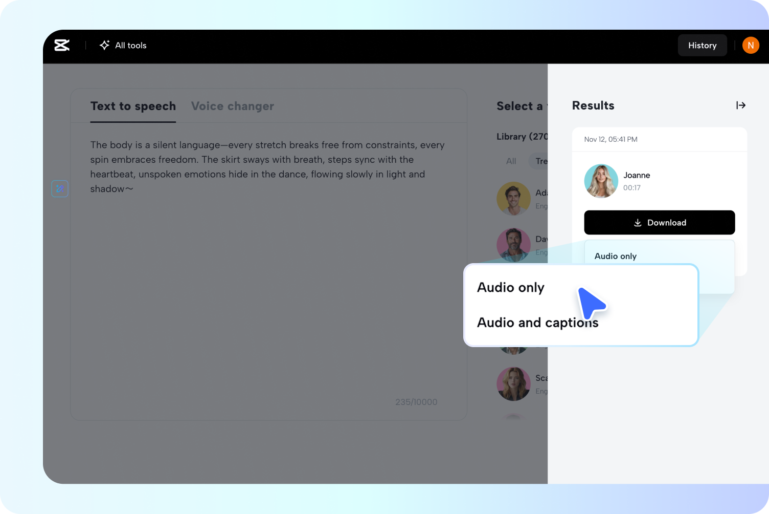 Export the AI custom voice in CapCut 