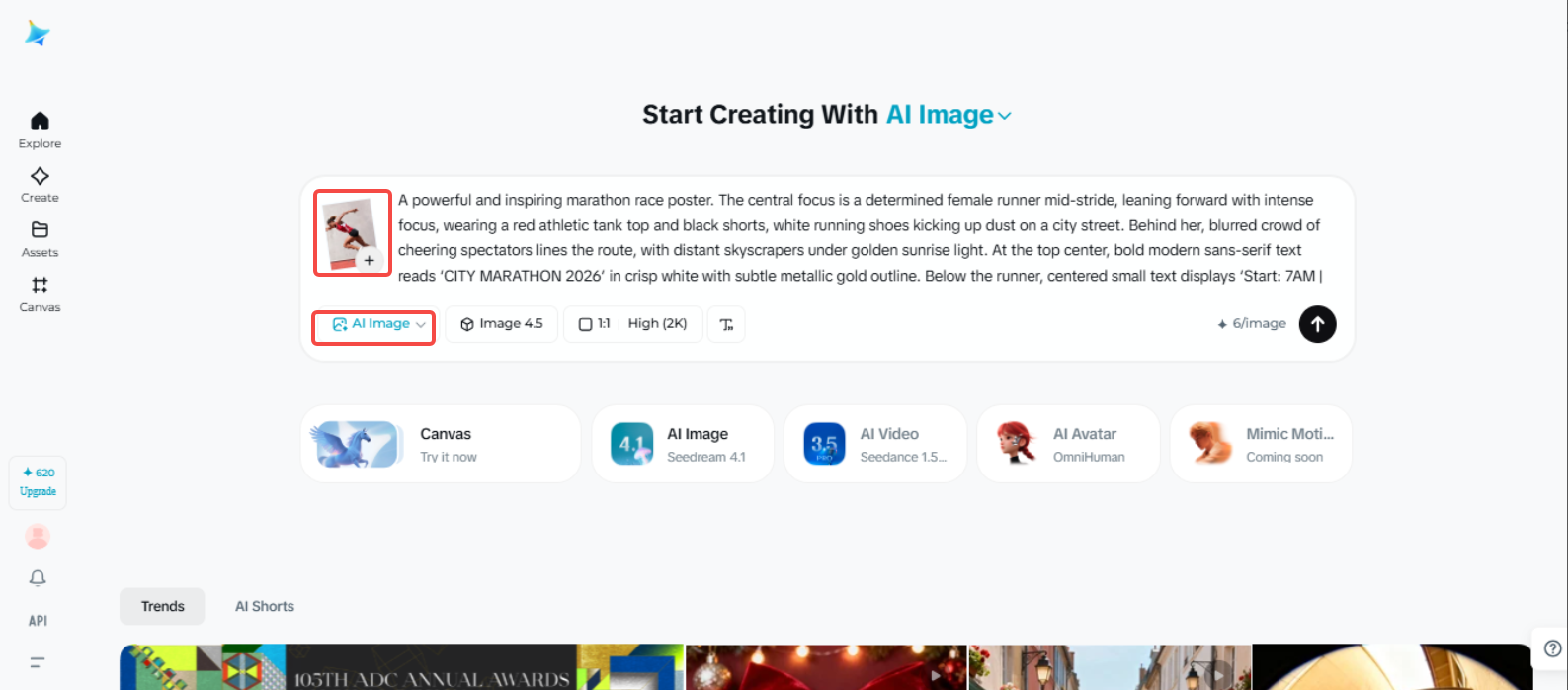 Accessing the "AI Image" feature in Dreamina