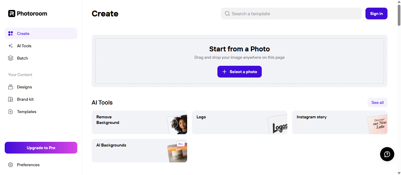 PhotoRoom's interface