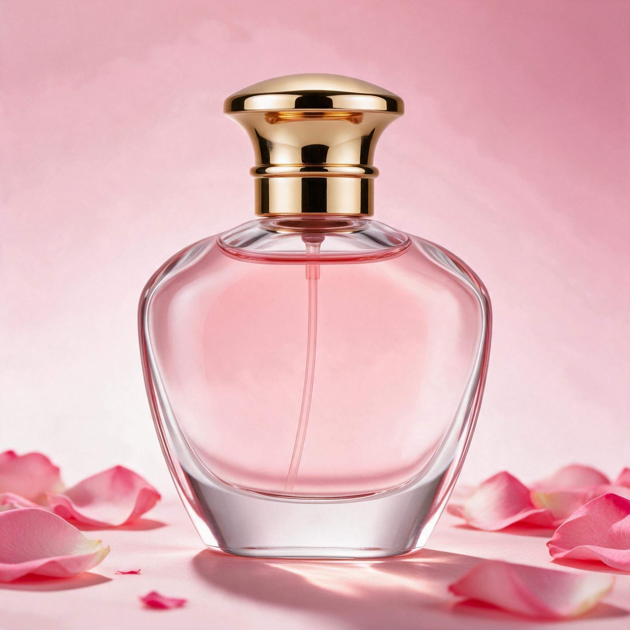 Pink perfume bottle with scattered rose petals on a soft pink background.