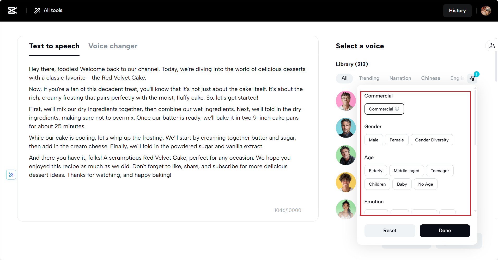 Selecione uma voz comercial
