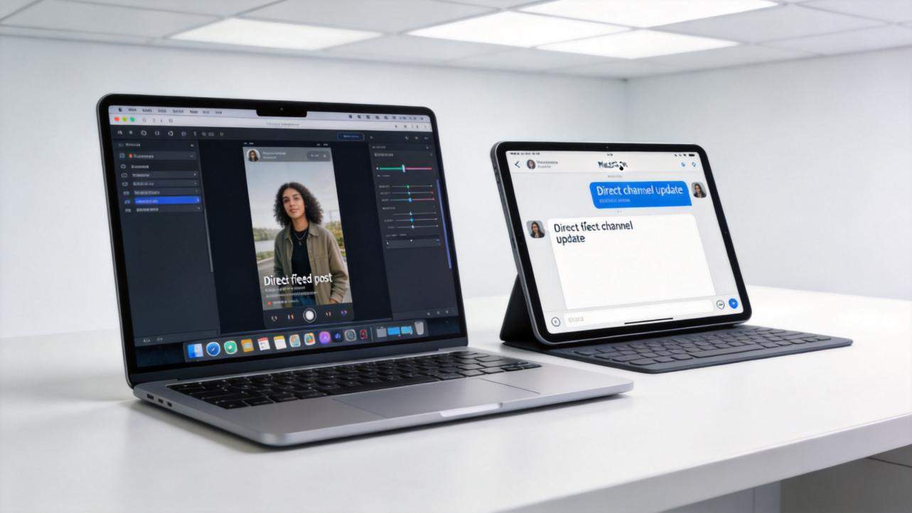 Laptop and tablet showing a direct feed post and a direct channel update