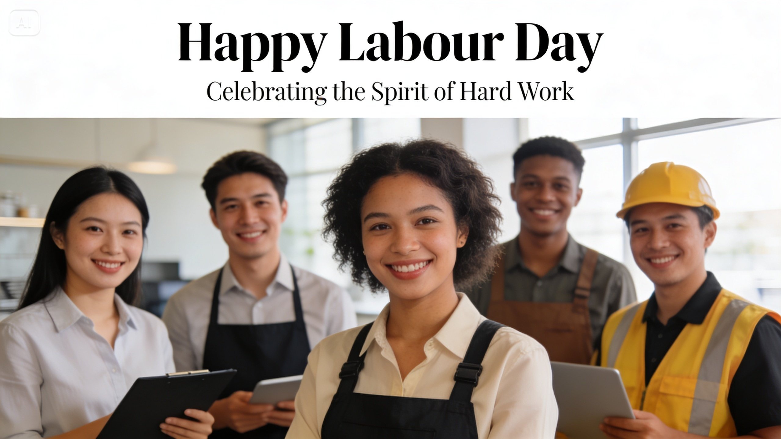 Fotografii AI de Ziua Muncii gata de marcă, cu culori consistente, fonturi și zone sigure pentru logo-uri pentru echipe