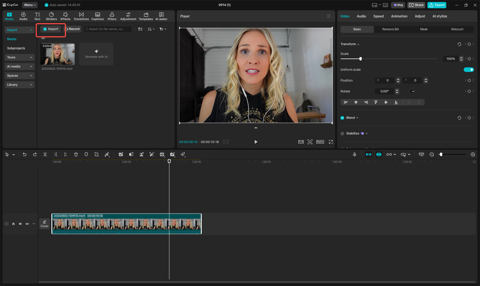 Import the video to the CapCut interface
